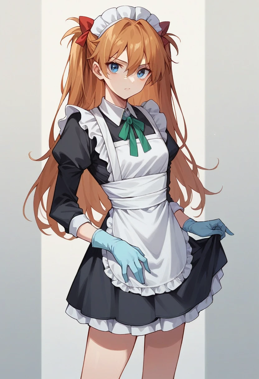 1girl, Souryuu Asuka Langley, ((blue medical gloves)), (black maid uniform), ((long sleeves)), looking at viewer, standing, solo
