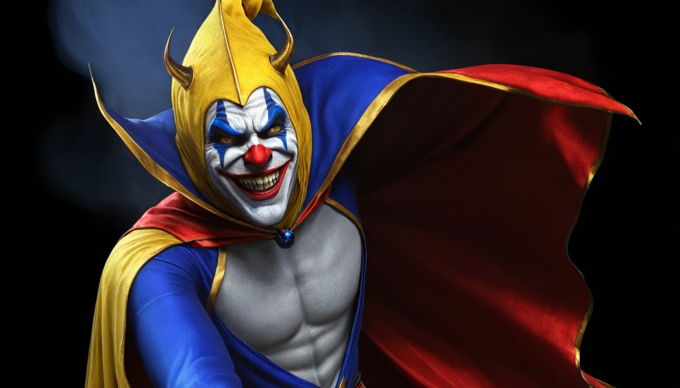 man in a blue and red costume with a yellow cape, twisted metal, CGI 16K UHD render, menacing, boss atmosphere, joyful smile, jester, fan art, menacing!!!, marvelous expression, smug smirk, evil pose, very detailed, masterpiece, award winner