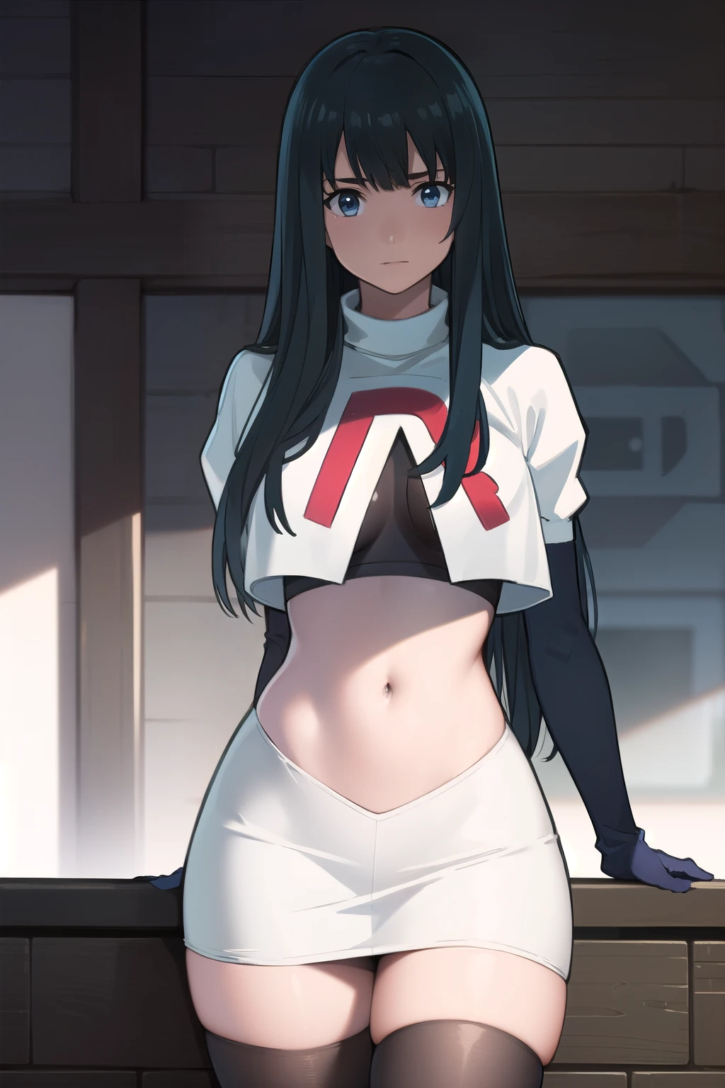 photorealistic, (4k), depth of field, (Masterpiece), (realistic skin texture), extremely detailed, intricate, hyper detailed, professional photography, bokeh, high resolution, sharp detail, best quality, girl, long hair, black hair, bangs, blue eyes, , team rocket,team rocket uniform,white skirt,red letter R,crop top,black thigh-highs,black elbow gloves