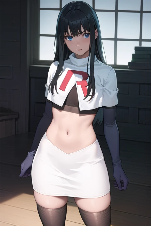 photorealistic, (4k), depth of field, (Masterpiece), (realistic skin texture), extremely detailed, intricate, hyper detailed, professional photography, bokeh, high resolution, sharp detail, best quality, girl, long hair, black hair, bangs, blue eyes, , team rocket,team rocket uniform,white skirt,red letter R,crop top,black thigh-highs,black elbow gloves