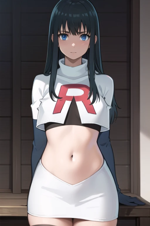 photorealistic, (4k), depth of field, (Masterpiece), (realistic skin texture), extremely detailed, intricate, hyper detailed, professional photography, bokeh, high resolution, sharp detail, best quality, girl, long hair, black hair, bangs, blue eyes, , team rocket,team rocket uniform,white skirt,red letter R,crop top,black thigh-highs,black elbow gloves