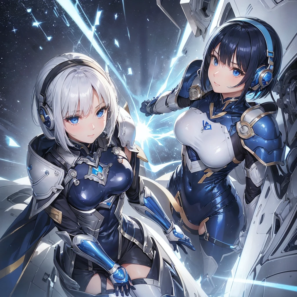 (masterpiece、Highest quality、Highest Resolution、Clear_image、Detailed details): (Whole body、One 20 year old girl、Japanese Faces、Small Face、Slender、Navy blue super short bob cut hair、(Hidden small breasts:1.3)、Sparkling blue eyes、A shiny patent leather pilot suit in white, blue and black、Chest protection armor、Clothes that cover the whole body、Very delicate and beautiful、Detailed Skin、Clothes that hide the thighs、Clothes that cover the buttocks、cute、Cute、A gentle smile、Soft expression、heroine、headset、Knee-high boots、Elbow-length gloves、Eye Level Shot、Peace talks between warring factions,attention arousal, smart blue eyes,Face directly、Woman on a spaceship)