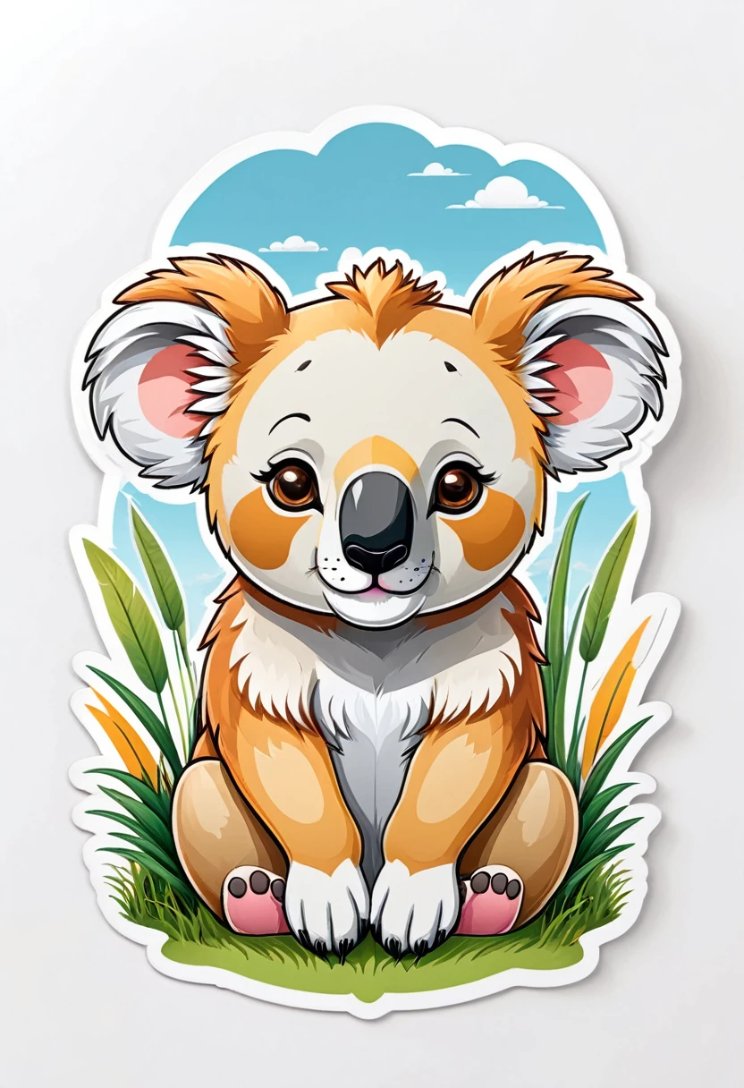 colorful sticker design of a cute lion koala face sitting on the small grass, in the middle of the African savannah,. White background, centralized.