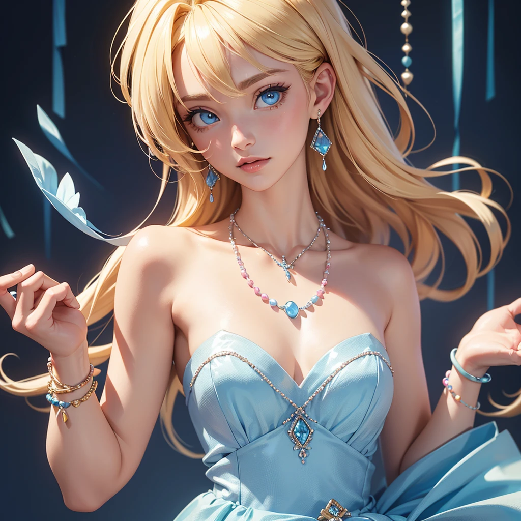 Close-up, blonde-haired woman with blue eyes, a small pink and light blue beaded necklace, and a blue strapless dress