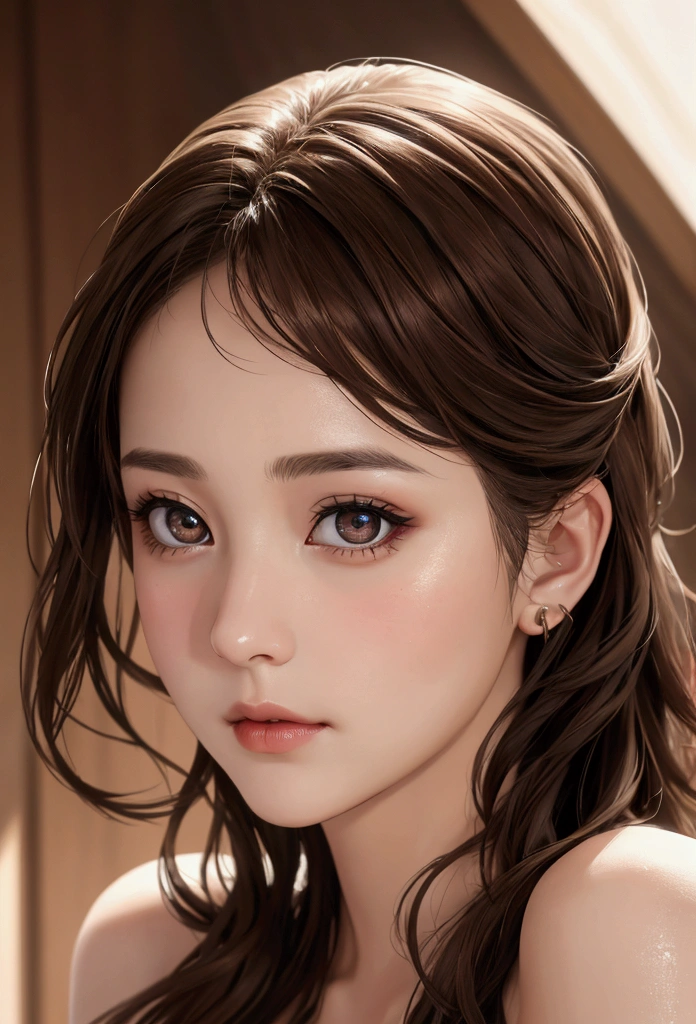 best quality, works, (realistic: 1,2), 1 girl, brown hair, brown eyes, Front, detailed face, beautiful eyes
