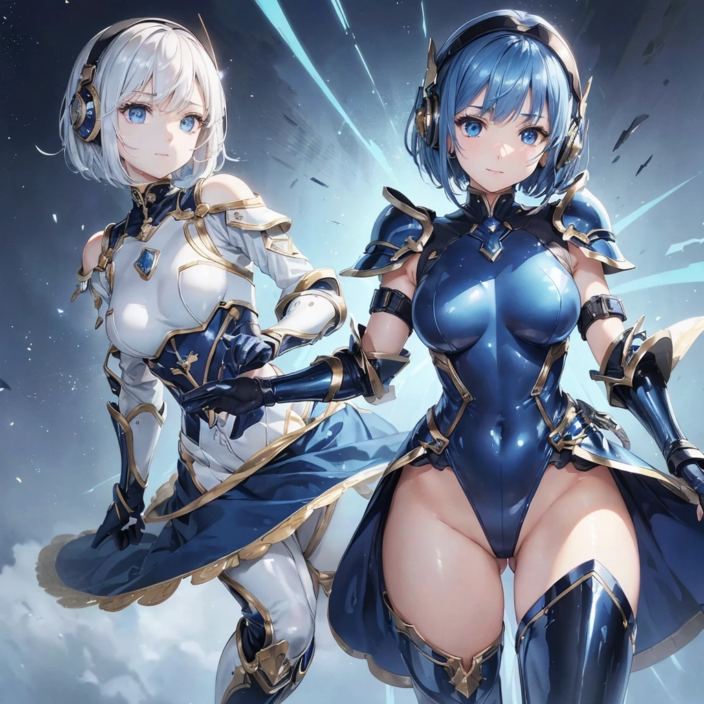 (masterpiece、Highest quality、Highest Resolution、Clear_image、Detailed details): (Whole body、One 20 year old girl、Japanese Faces、Small Face、Slender、Navy blue super short bob cut hair、(Hidden small breasts:1.3)、Sparkling blue eyes、A shiny patent leather pilot suit in white, blue and black、Chest protection armor、Clothes that cover the whole body、Very delicate and beautiful、Detailed Skin、Clothes that hide the thighs、Clothes that cover the buttocks、cute、Cute、A gentle smile、Soft expression、heroine、headset、Knee-high boots、Elbow-length gloves、Eye Level Shot、Peace talks between warring factions,attention arousal, smart blue eyes,Face directly、Woman on a spaceship)