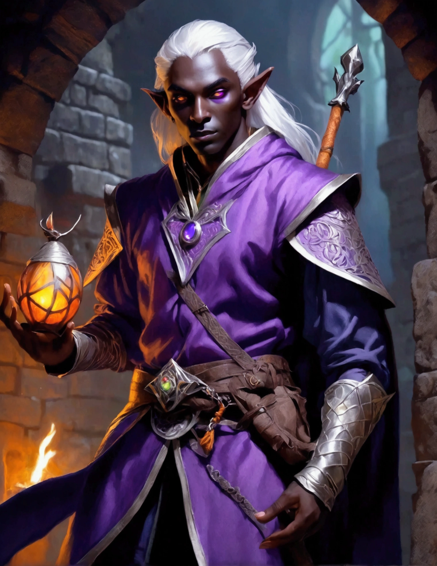 (Drow Elf Male)(Night black skin, evil wizards robes with intricate embroidery, adventuring sacks and pouches, violet eyes, silver hair, magical bag on hip, one handed crossbow, sword in scabbard) look of contempt on his face, posing in a dungeon, viewer is not a worthy foe