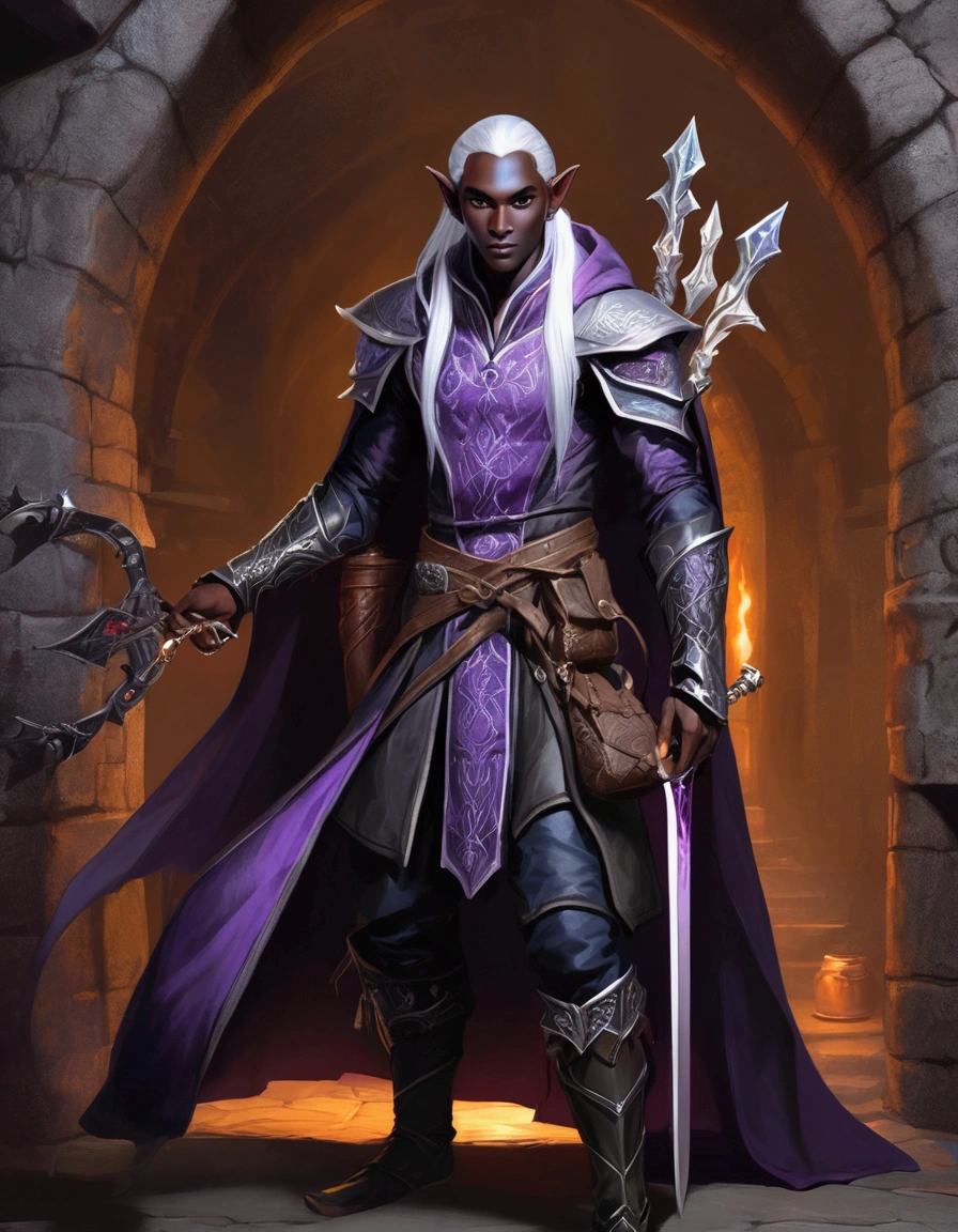 (Drow Elf Male)(Night black skin, evil wizards robes with intricate embroidery, adventuring sacks and pouches, violet eyes, silver hair, magical bag on hip, one handed crossbow, sword in scabbard) look of contempt on his face, posing in a dungeon, viewer is not a worthy foe
