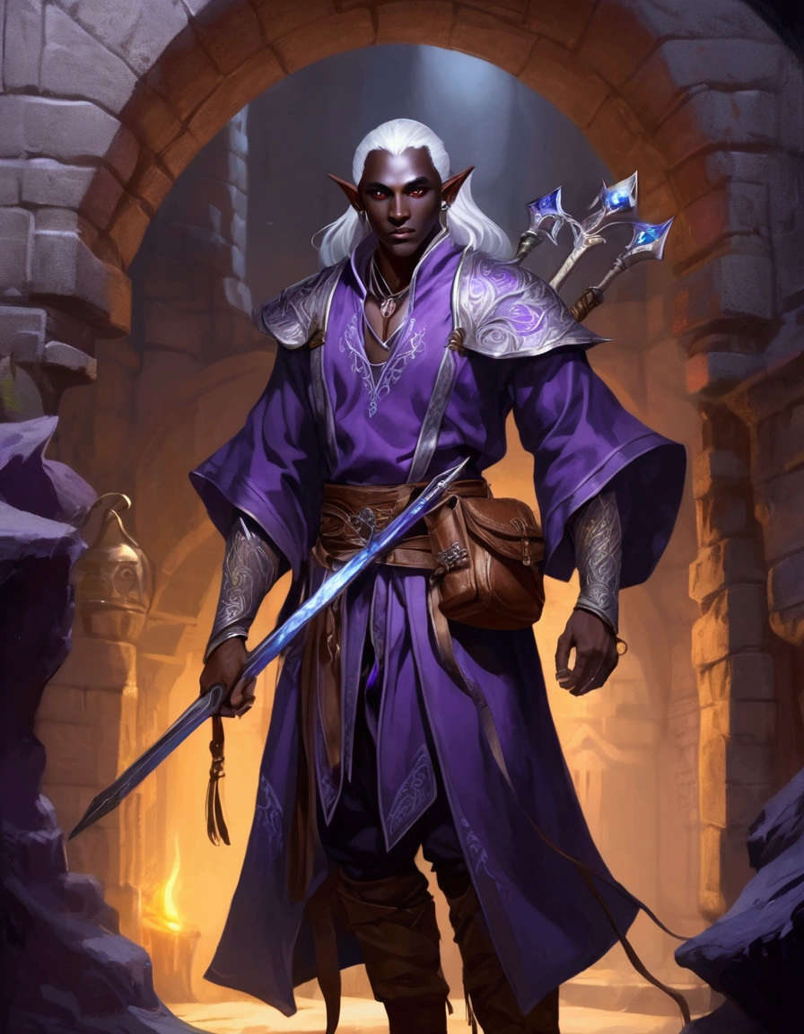 (Drow Elf Male)(Night black skin, evil wizards robes with intricate embroidery, adventuring sacks and pouches, violet eyes, silver hair, magical bag on hip, one handed crossbow, sword in scabbard) look of contempt on his face, posing in a dungeon, viewer is not a worthy foe