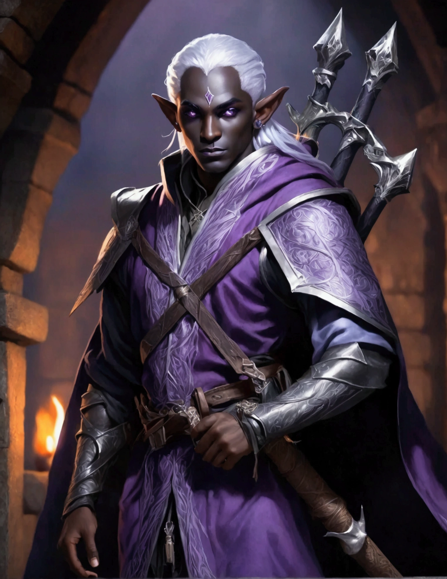 (Drow Elf Male)(Night black skin, evil wizards robes with intricate embroidery, adventuring sacks and pouches, violet eyes, silver hair, magical bag on hip, one handed crossbow, sword in scabbard) look of contempt on his face, posing in a dungeon, viewer is not a worthy foe
