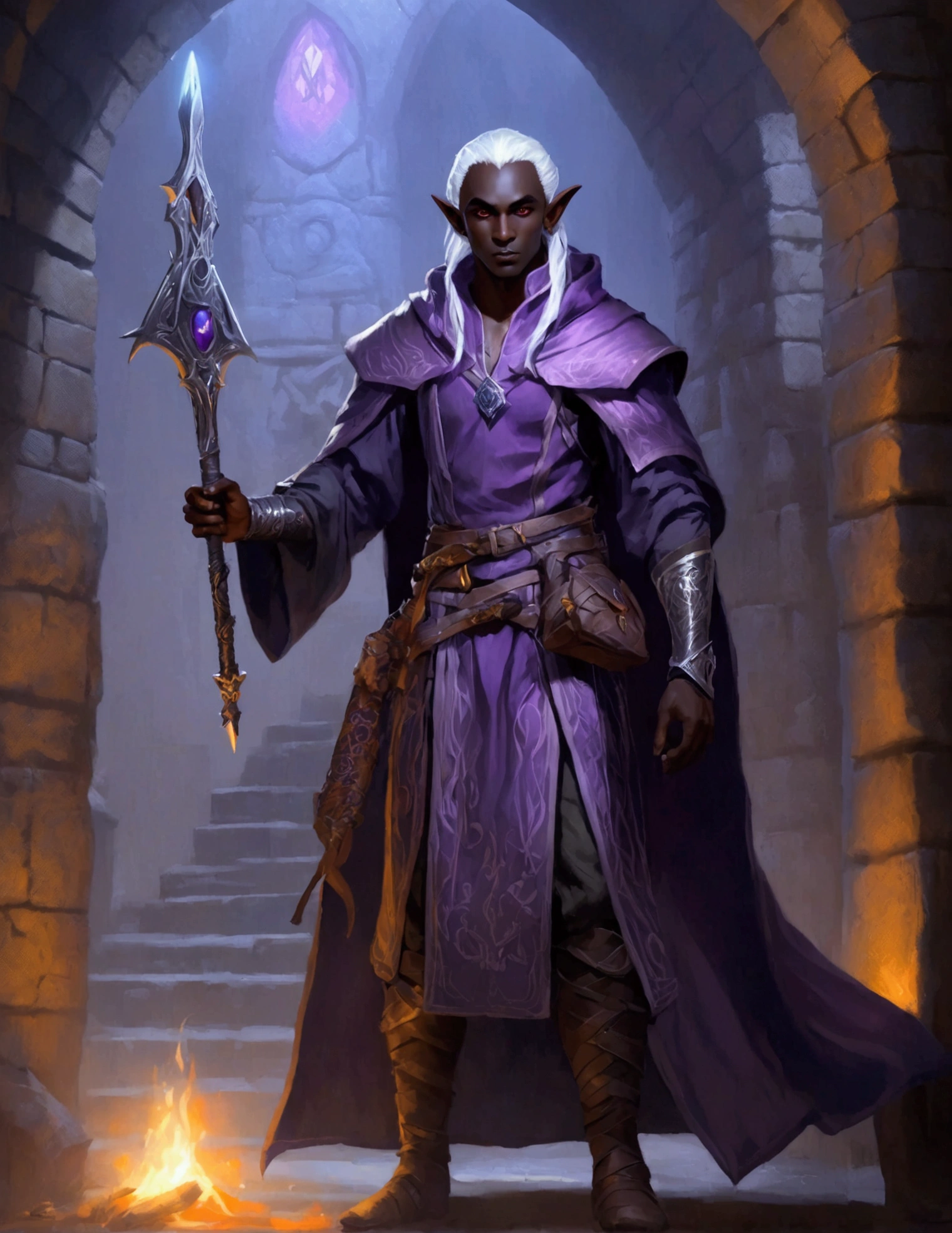 (Drow Elf Male)(Night black skin, evil wizards robes with intricate embroidery, adventuring sacks and pouches, violet eyes, silver hair, magical bag on hip, one handed crossbow, sword in scabbard) look of contempt on his face, posing in a dungeon, viewer is not a worthy foe