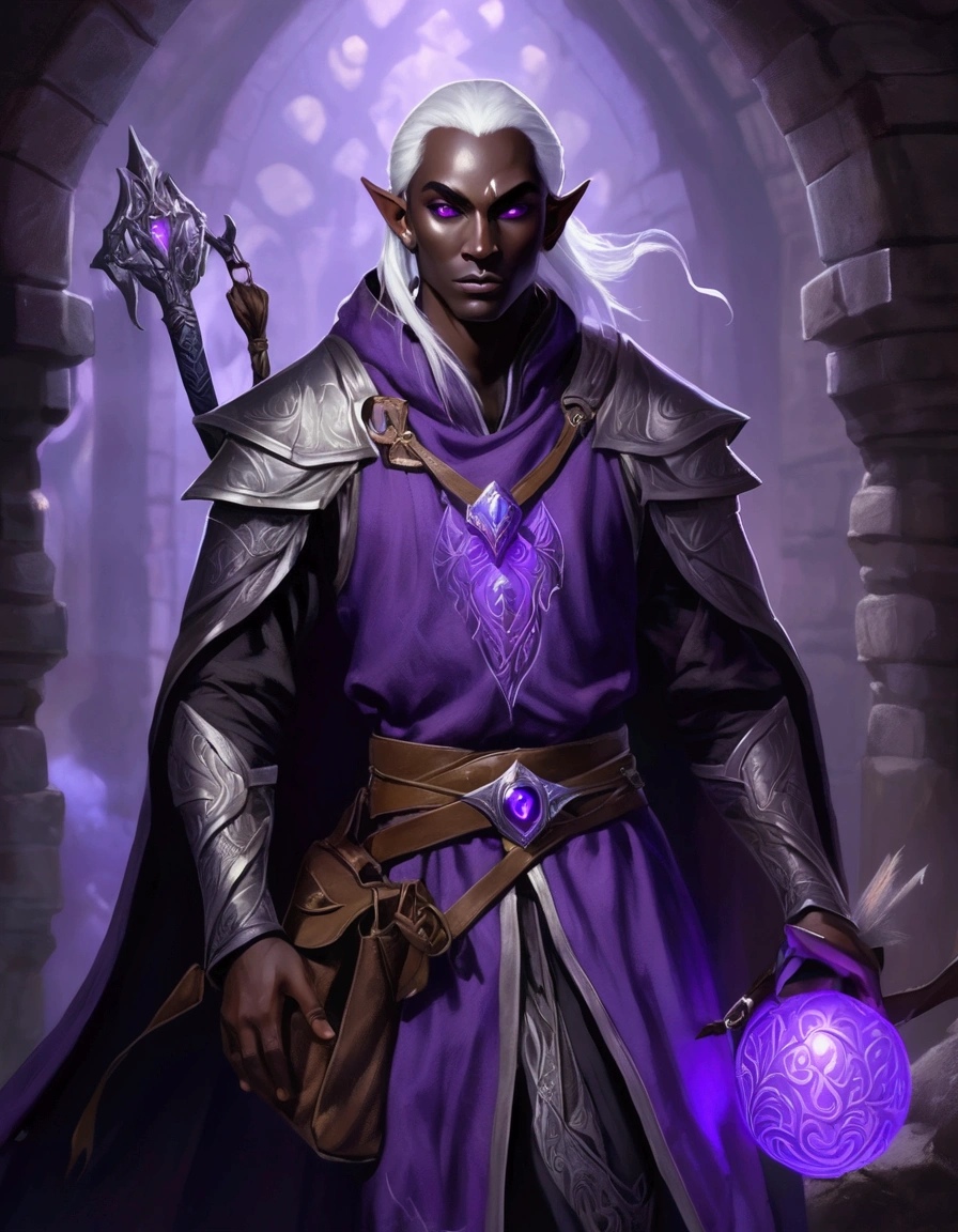 (Drow Elf Male)(Night black skin, evil wizards robes with intricate embroidery, adventuring sacks and pouches, violet eyes, silver hair, magical bag on hip, one handed crossbow, sword in scabbard) look of contempt on his face, posing in a dungeon, viewer is not a worthy foe
