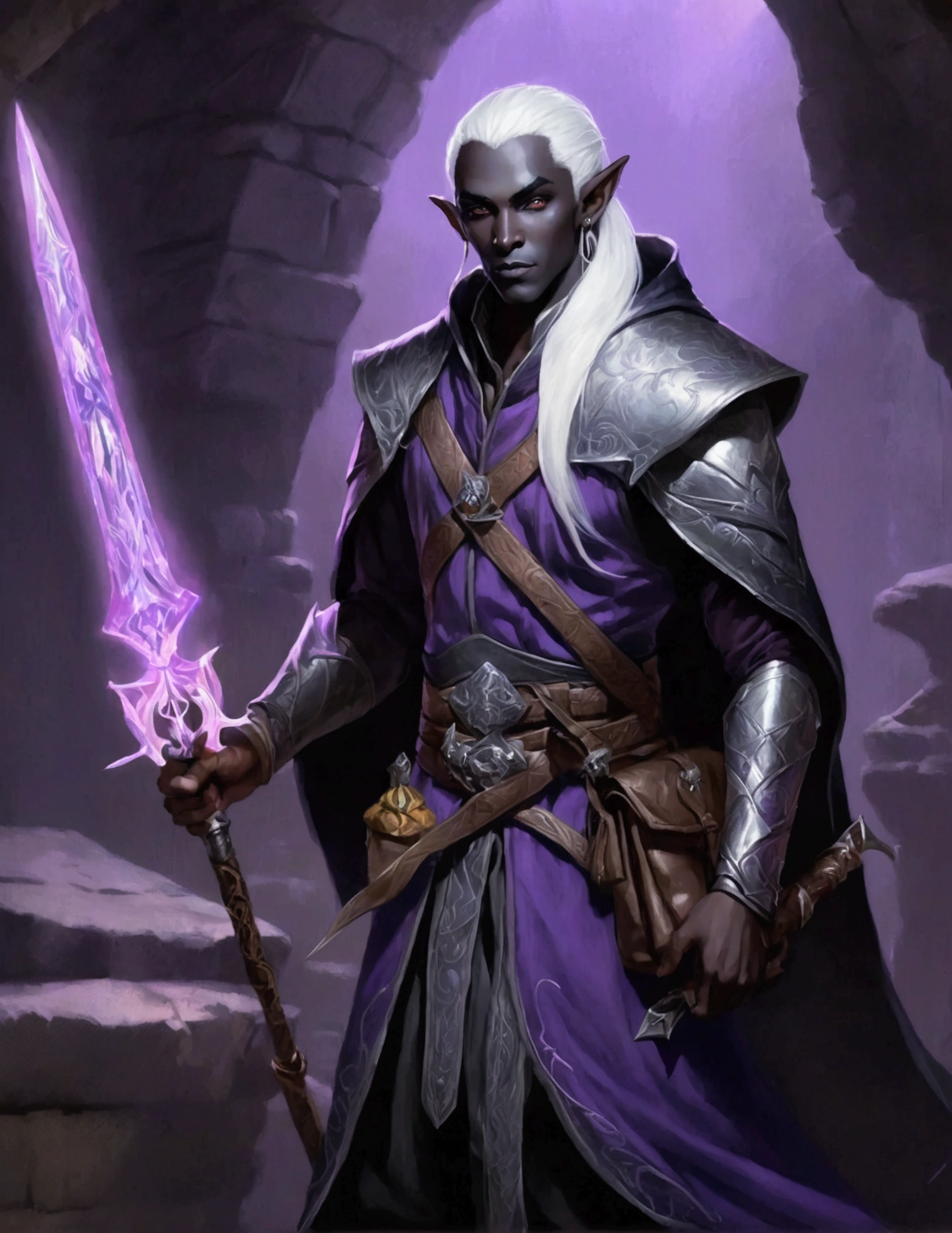 (Drow Elf Male)(Night black skin, evil wizards robes with intricate embroidery, adventuring sacks and pouches, violet eyes, silver hair, magical bag on hip, one handed crossbow, sword in scabbard) look of contempt on his face, posing in a dungeon, viewer is not a worthy foe
