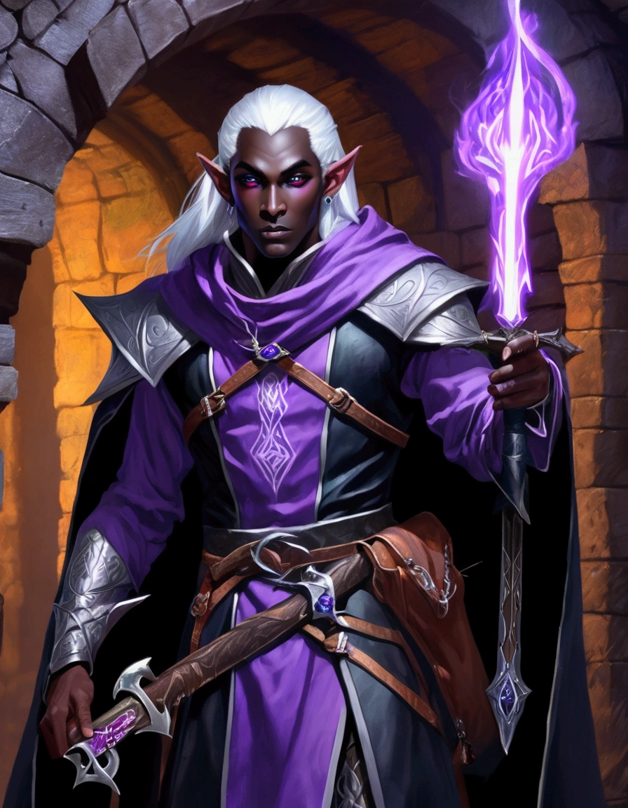 (Drow Elf Male)(Night black skin, evil wizards robes with intricate embroidery, adventuring sacks and pouches, violet eyes, silver hair, magical bag on hip, one handed crossbow, sword in scabbard) look of contempt on his face, posing in a dungeon, viewer is not a worthy foe
