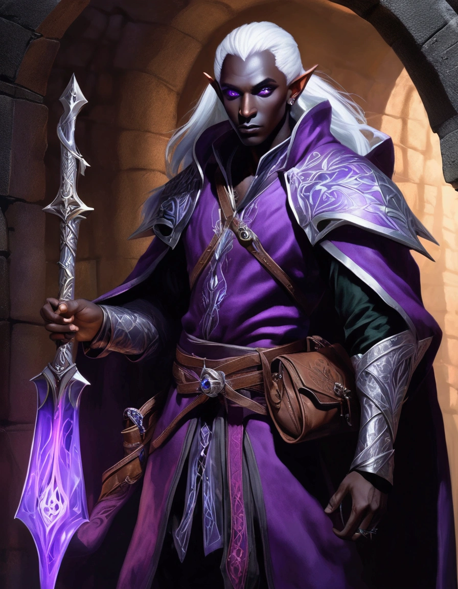 (Drow Elf Male)(Night black skin, evil wizards robes with intricate embroidery, adventuring sacks and pouches, violet eyes, silver hair, magical bag on hip, one handed crossbow, sword in scabbard) look of contempt on his face, posing in a dungeon, viewer is not a worthy foe