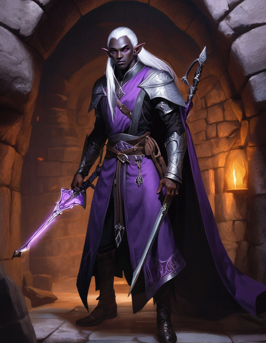 (Drow Elf Male)(Night black skin, evil wizards robes with intricate embroidery, adventuring sacks and pouches, violet eyes, silver hair, magical bag on hip, one handed crossbow, sword in scabbard) look of contempt on his face, posing in a dungeon, viewer is not a worthy foe
