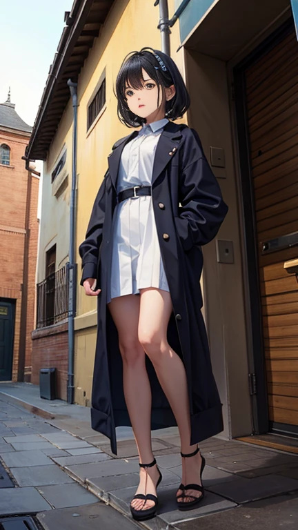 one girl,low angle shot,(from below:1.3),standing,Outdoors, fashionable street