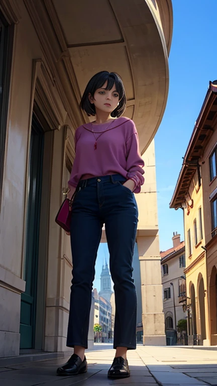 one girl,low angle shot,(from below:1.3),standing,Outdoors, fashionable street