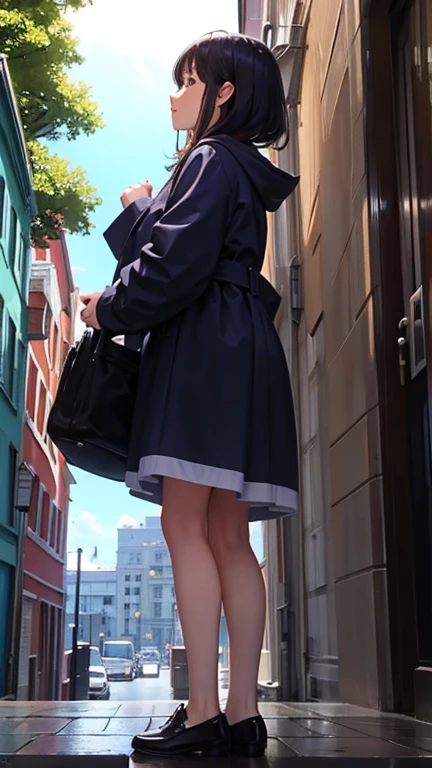 one girl,low angle shot,(from below:1.3),standing,Outdoors, fashionable street