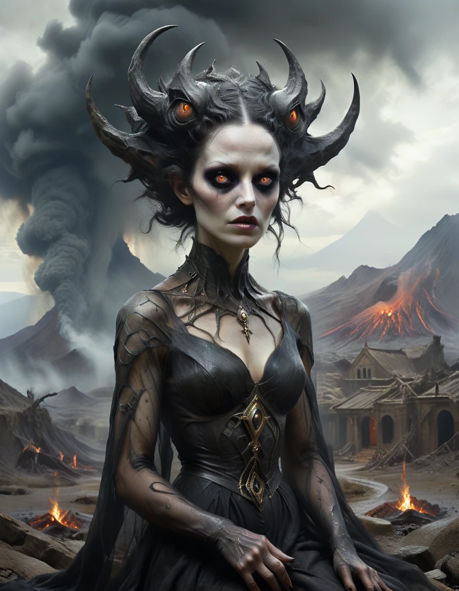 Famous works of art (Tom Bagshaw:1.1), detailed expressive eyes, Fantasy Style, The Sulky Lubwad is a tiny creature that thrives in intense heat, On the side of an active volcano on the planet Ramsnuggle VI、Building a Lair of the Resilient, here、Its black ears and complex eyes can be clearly seen as it waits in the shadows of Yarbleud's lair to ambush filthy Sneezlenooks.。RAW Photos, Realistic texture, Very detailed, Absurd, Sharp focus, Volumetric lighting, Subsurface scattering realistic skin, (Natural Skin:1), (Skin Details, Skin Texture:1.1), (Skin pores:1), (Skin imperfections:0.3),