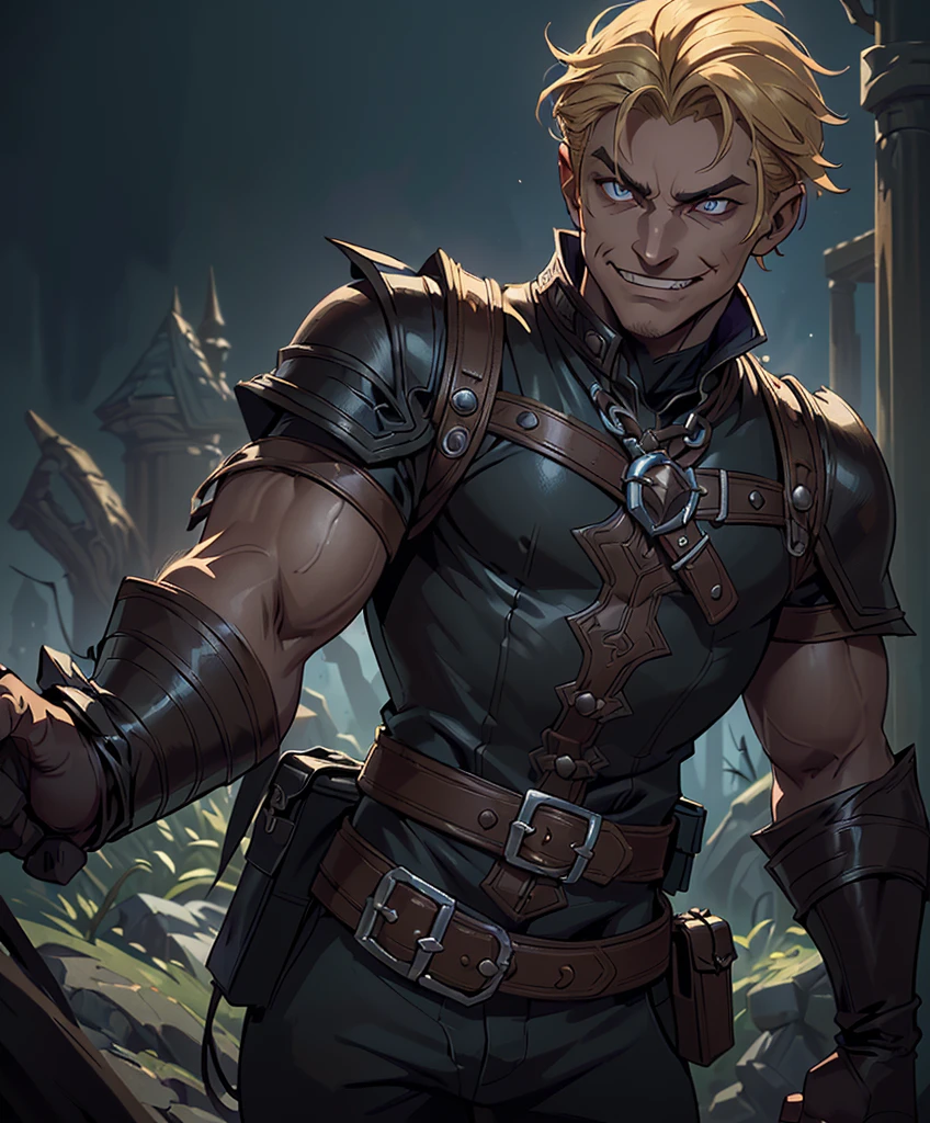 score_9, score_8_up, score_7_up, ( (((Solo focus)))(((1boy))) (((Attractive male adventurer in 18th century attire.))) (((Appears to be 20 years old with youthful looks.))) (((Dark, eerie and sinister background at night.))) (((18th century France inspired clothing.))) (((Mussed blonde hair.))) Design a fantastic male character for a dark fantasy setting. He likes wearing black leather and hunts the unknown and monsters. He wears dark clothes, is an action-oriented adventurer and looks dangerous and deadly. Dungeons & Dragons character portrait, intricate details, solo focus, unreal engine, sharp focus, dappled lighting, (((Looks like a seductive villain with a sexy and sassy smirk.))) (backlighting:0.7), film grain, photographed on a Sony A7R IV, 18mm F/1.7 cine lens, Dungeons & Dragons character portrait, intricate details, solo focus, unreal engine, sharp focus, dappled lighting, (backlighting:0.7), film grain, photographed on a Sony A7R IV, 18mm F/1.7 cine lens,