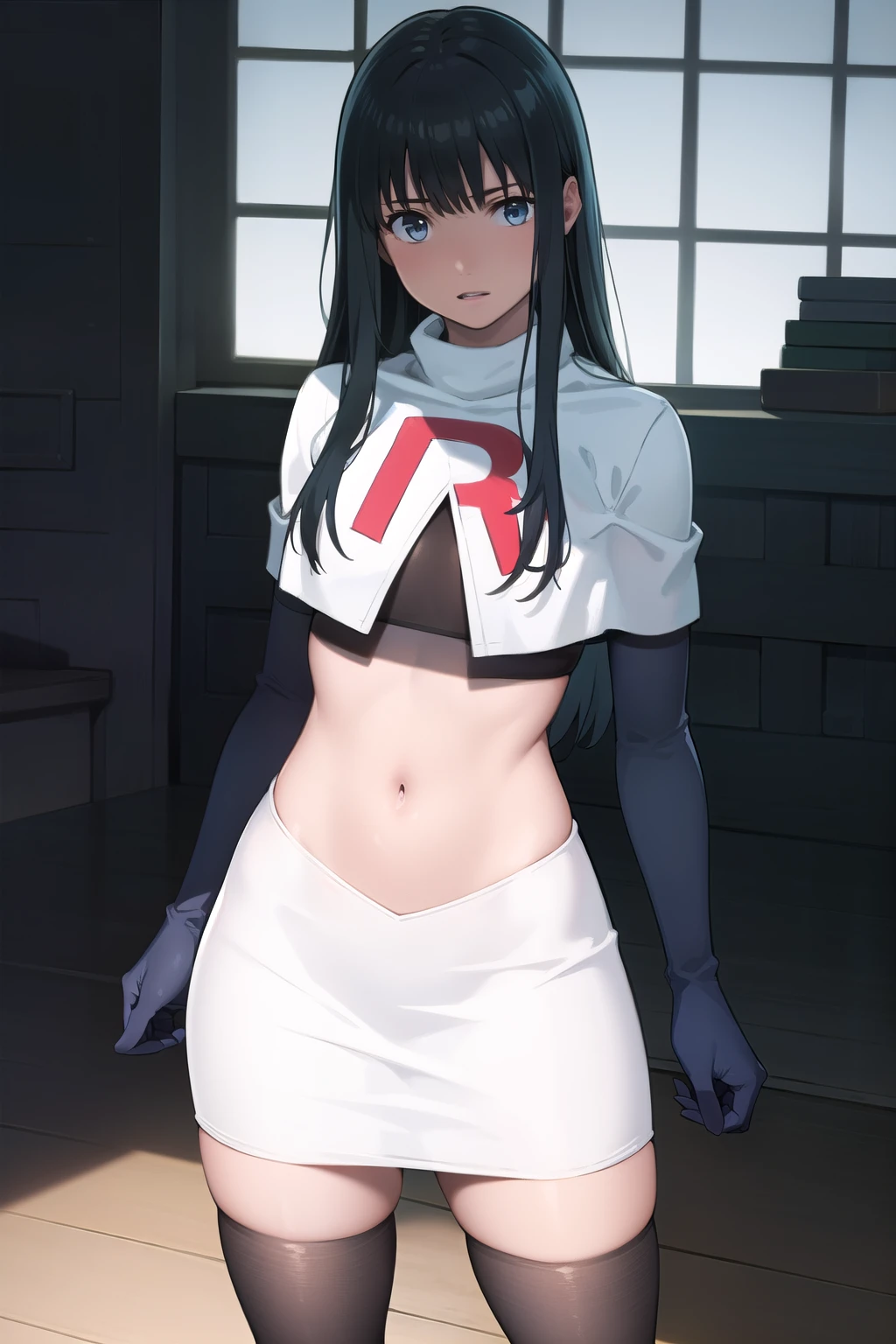 photorealistic, (4k), depth of field, (Masterpiece), (realistic skin texture), extremely detailed, intricate, hyper detailed, professional photography, bokeh, high resolution, sharp detail, best quality, girl, long hair, black hair, bangs, blue eyes, , team rocket,team rocket uniform,white skirt,red letter R,crop top,black thigh-highs,black elbow gloves