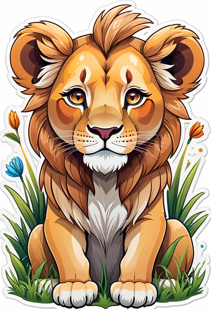 colorful sticker design of a cute lion face sitting on the small grass, in the middle of the African savannah,. White background, centralized.