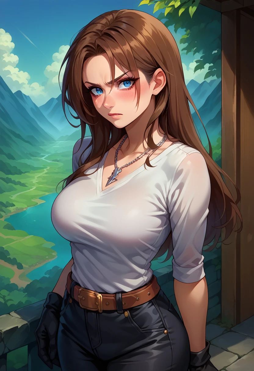 score_9, score_8_up, score_7_up, 1girl, solo, (female:1.5),female focus, female body, squall, necklace, brown hair, long hair, gloves, white shirt, blue eyes, shirt, black gloves,black pants, belt,breasts, scar, diagonal scar, scar on face, parted bangs, angry, blushing,standing, landscape,