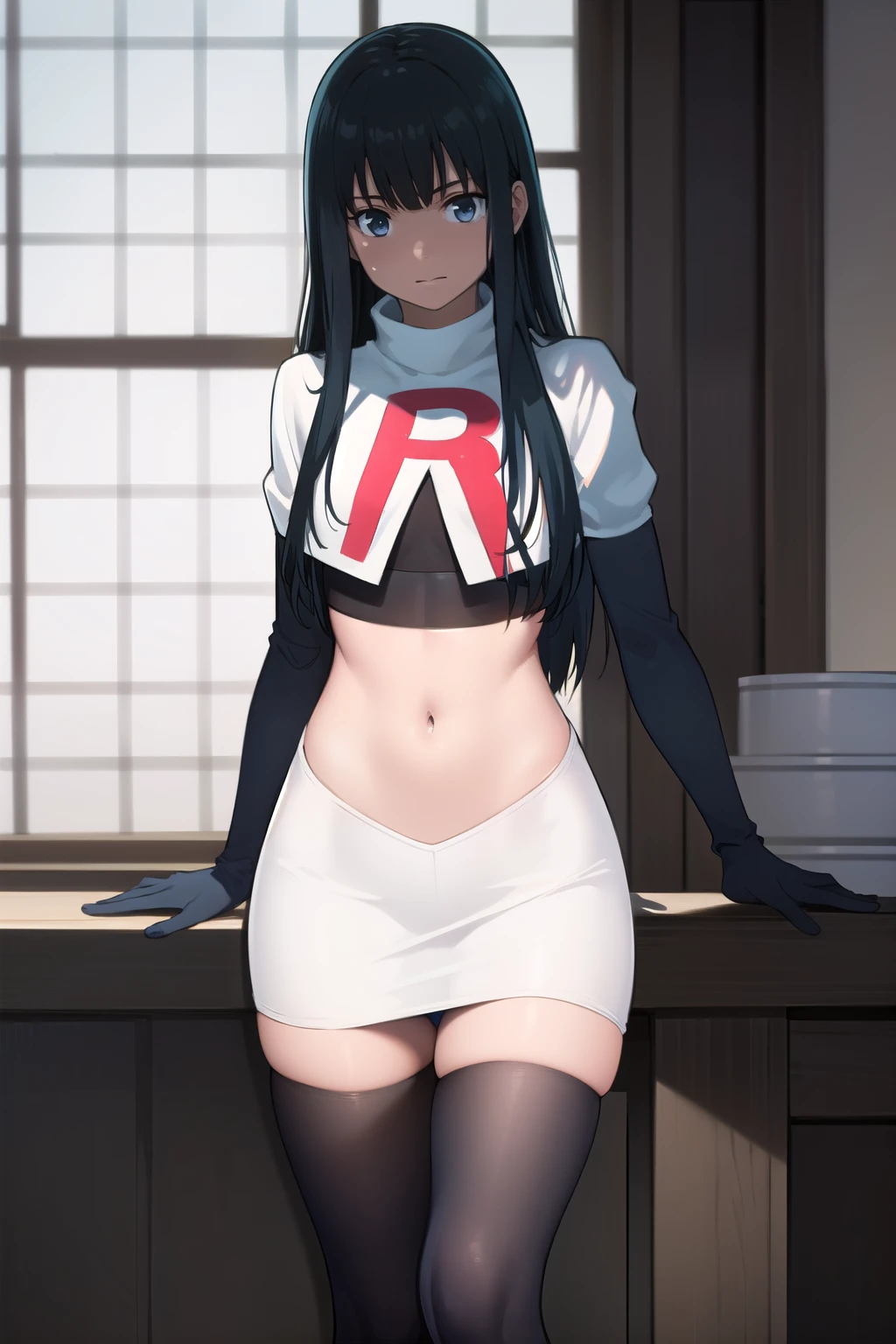 photorealistic, (4k), depth of field, (Masterpiece), (realistic skin texture), extremely detailed, intricate, hyper detailed, professional photography, bokeh, high resolution, sharp detail, best quality, girl, long hair, black hair, bangs, blue eyes, , team rocket,team rocket uniform,white skirt,red letter R,crop top,black thigh-highs,black elbow gloves