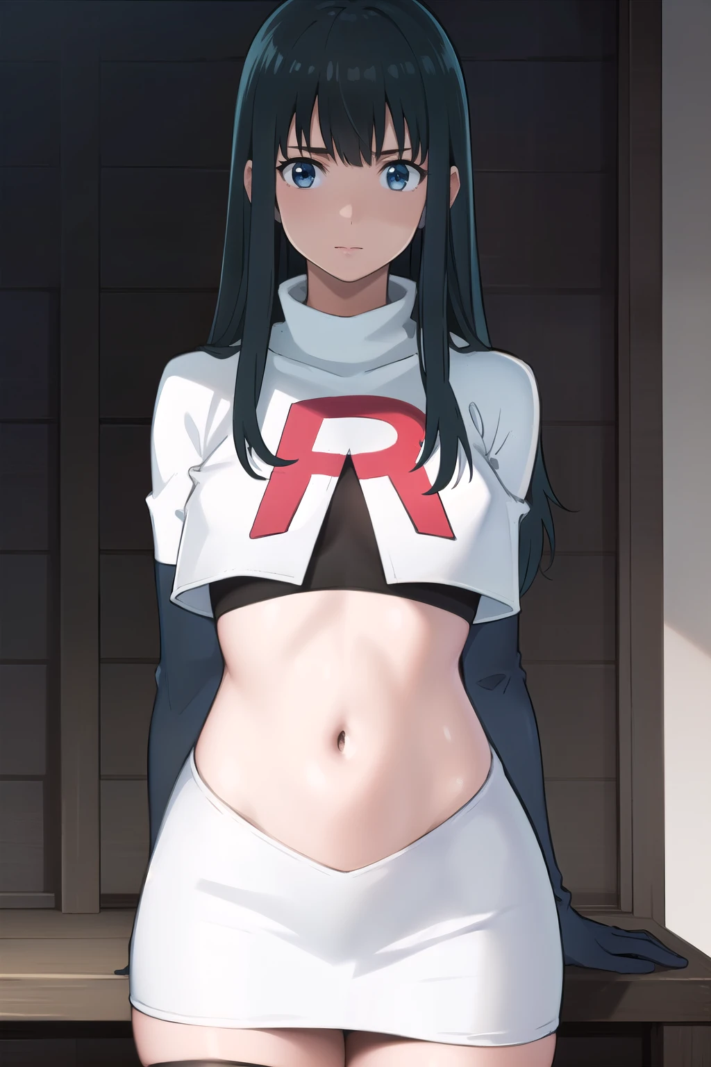 photorealistic, (4k), depth of field, (Masterpiece), (realistic skin texture), extremely detailed, intricate, hyper detailed, professional photography, bokeh, high resolution, sharp detail, best quality, girl, long hair, black hair, bangs, blue eyes, , team rocket,team rocket uniform,white skirt,red letter R,crop top,black thigh-highs,black elbow gloves