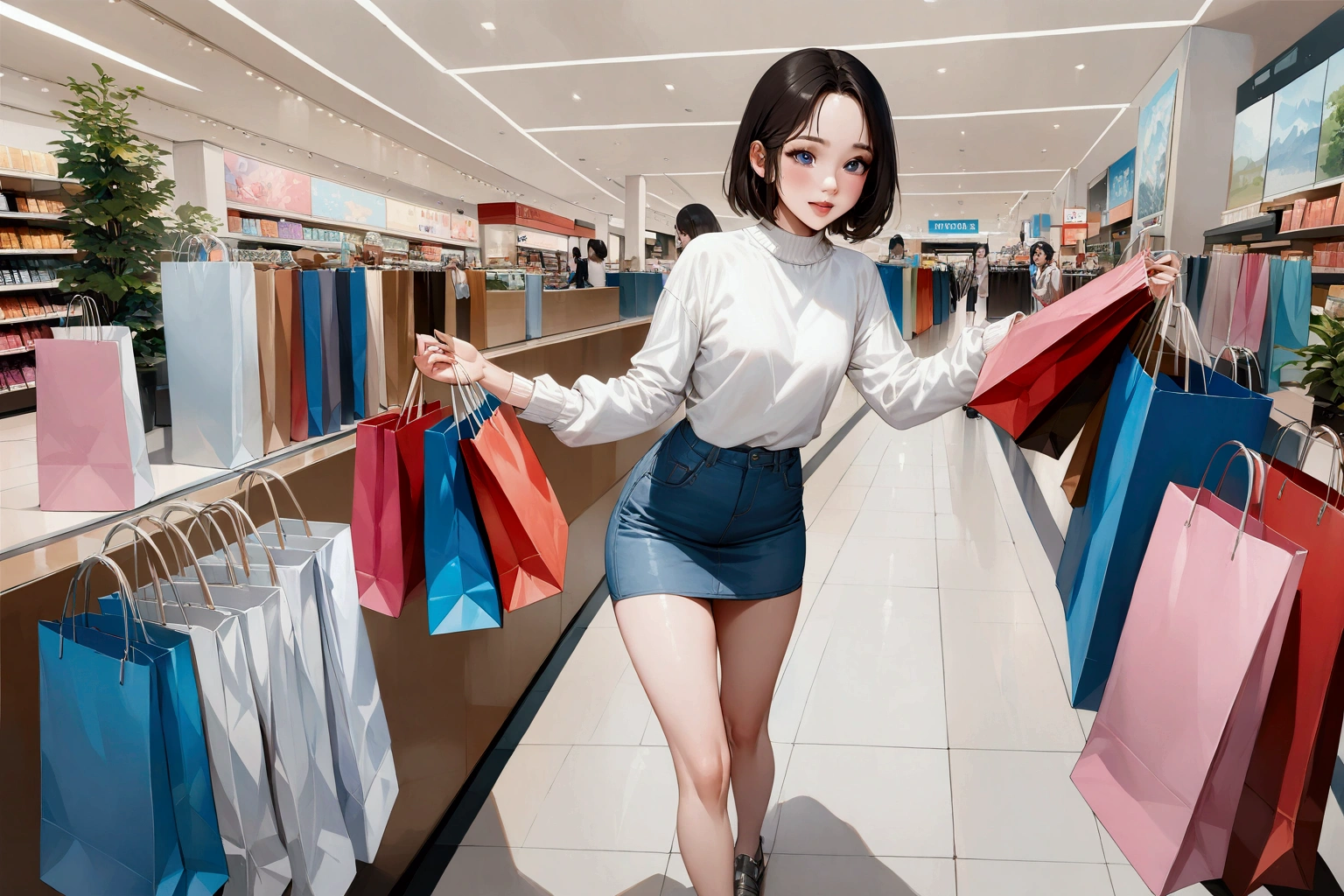 realistic anime illustration of beauty young Thai woman is enjoying to shopping at mall, she holding many colorful paper bags, she has a black short hair (+ forehead) and wearing white plain sweater and  blue denim pencil mini skirt, (1girl, solo, full body), (masterpiece, best quality, Japanese anime style)
