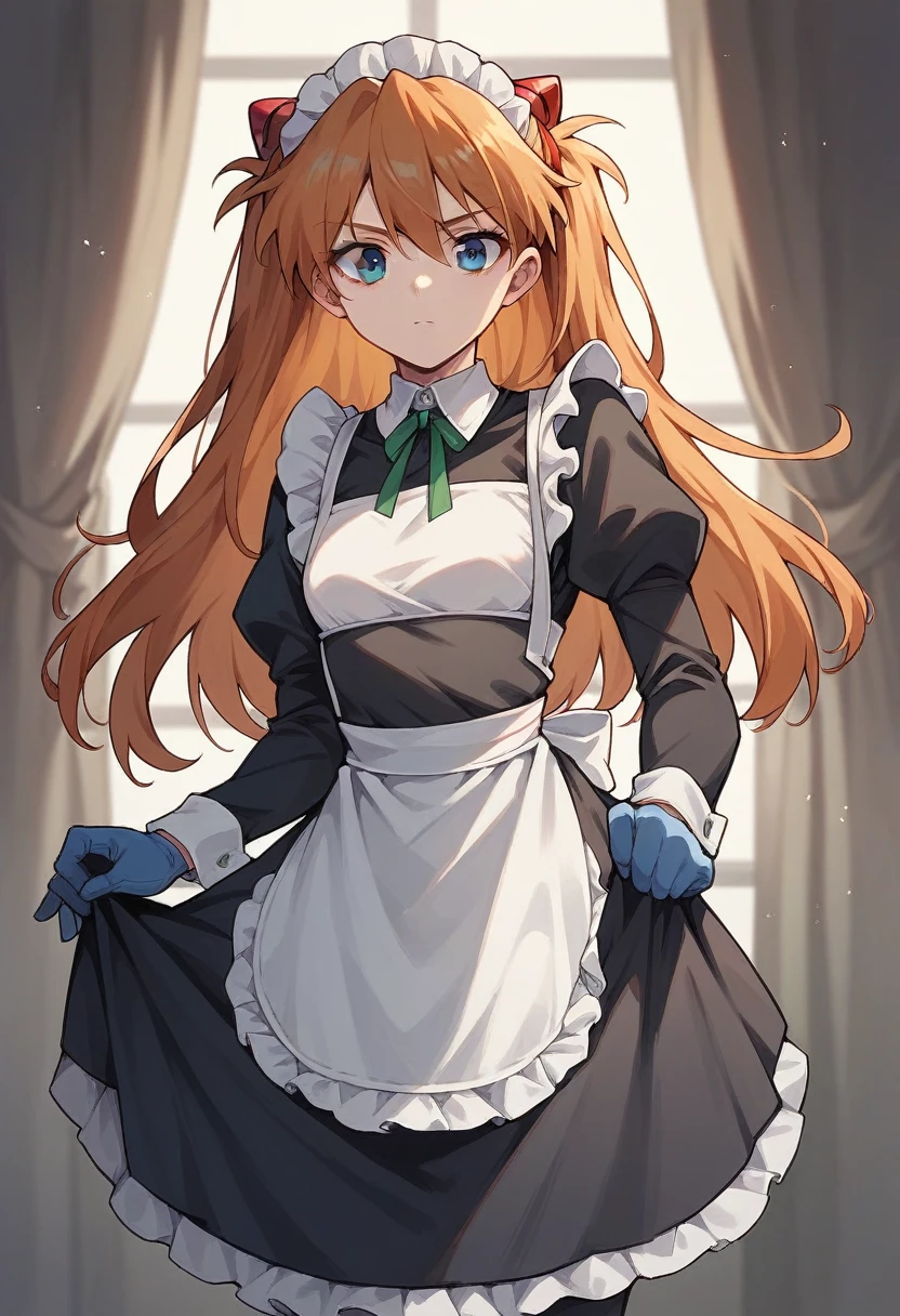 1girl, Souryuu Asuka Langley, ((blue gloves)), (black maid uniform), ((long sleeves)), looking at viewer, standing, solo