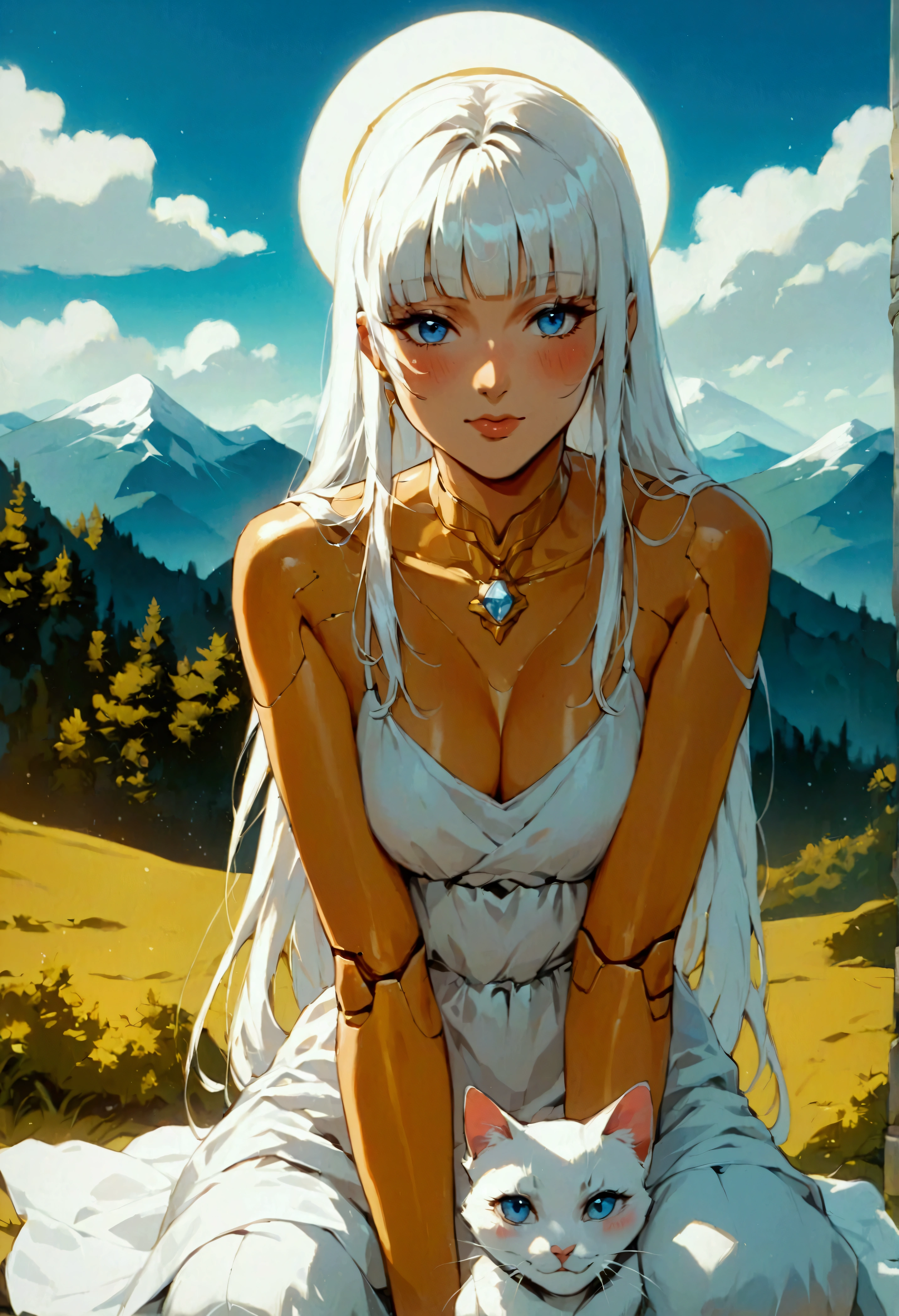 (score_9, score_8_up, score_7_up), zPDXL, 1 girl, alone, looking at viewer, crouching, hands on knees, white cat, mountain background, white hair, blue eyes, full body, long hair, white dress, bright white hair, white halo of light, halo, metallic pendant, blushing cheeks, white cat, mountain with a bit of snow, beautiful girl crouching with a halo of light, retro style, white cape, blunt bangs, white aura,