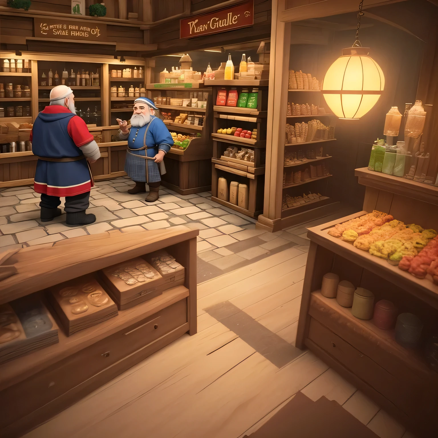 there are two people standing in a store with a lot of food, fantasy potion vendor interior, background art, located in a wizard's shop, fantasy vendor interior, production art, medieval fantasy game art, high detailed store, medieval concept art, 3 d render stylized, 3 d stylize scene, for hire 3d artist, stylized game art