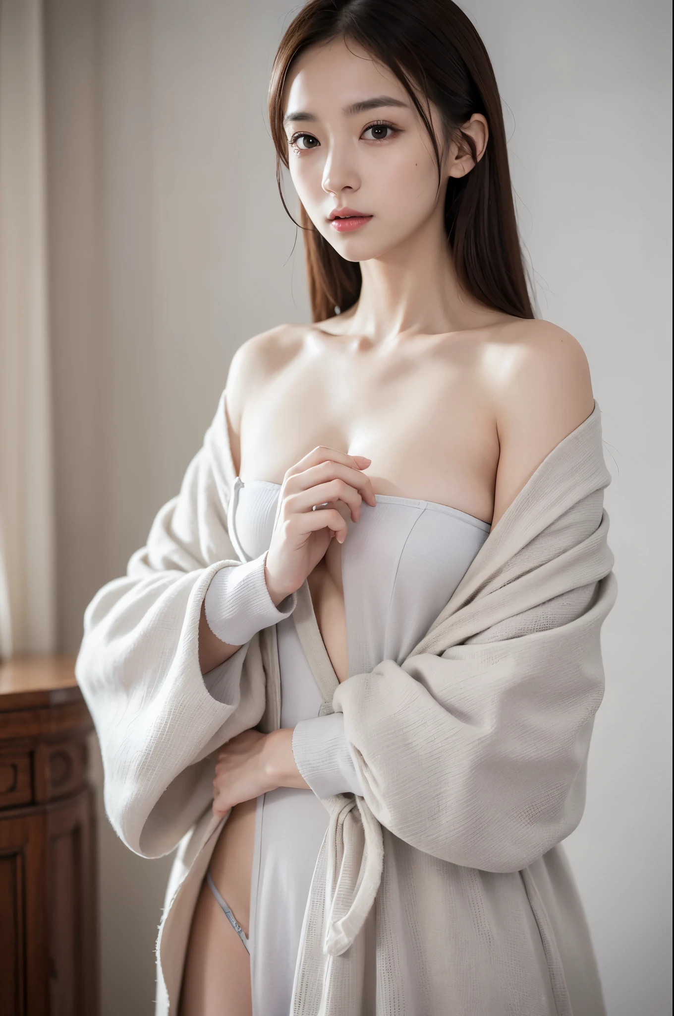 ((Highest quality, 8K, masterpiece:1.3)), concentrated: 1.2, Perfect Body Beauty: 1.4, Hip: 1.2, ((Long Hair, chest: 1.2)), (Dry clothes: 1.1) , (clear, Simple Background:1.3), Simple clothes: 1.1, Highly detailed face and skin texture,Delicate eyes, double eyelid, White skin, Long Hair、Bangs with earrings、 alone、Beige coat、White shirt, (((Cute Japanese Girl)))、 ((Beautiful Japanese woman 20 years old))、 ((Baby Face))、 (((Slender body)))、 Upper Body,Face Focus、necklace,Simple Background,From above, Realistic Hair、 The photo was taken:Canon EOS R6、135mm、1/1250 seconds、F2.8、ISO400、(Detailed description of the hand)、(Masseter region)、(Exquisite CGI)、Long Hair, loose and curly hair、Korean Hair、Long Hair明るいベージュ色、グラデーションハイライトグレージュのゆるふわLong Hairスタイル、topless、Micro Bikini