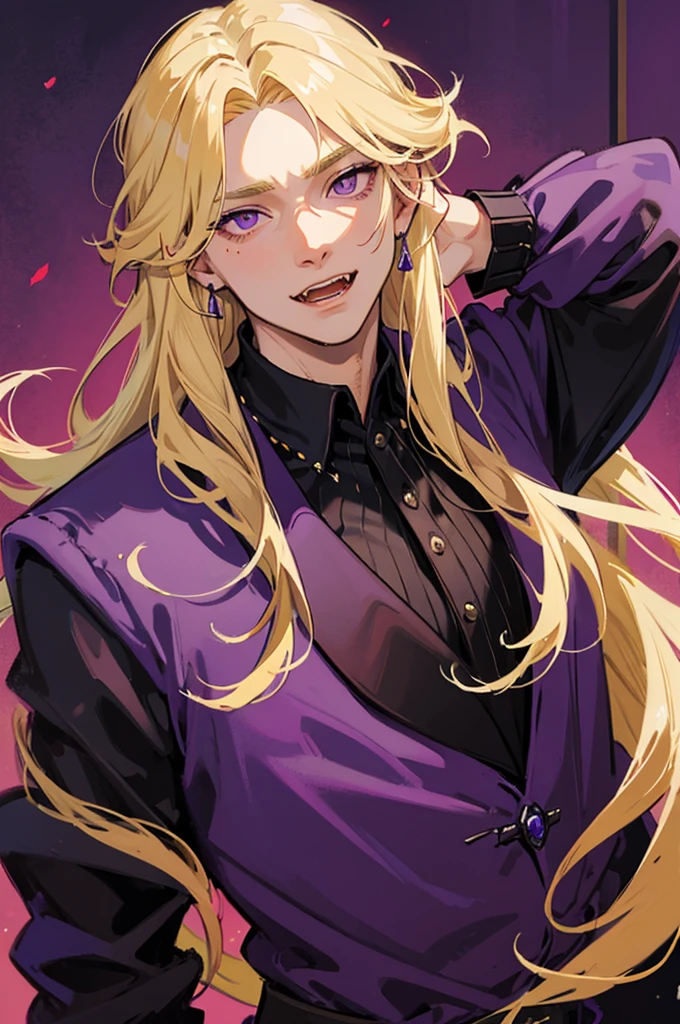 man, male, blonde hair, long hair, purple eyes, fangs, fantasy wear, vampire,