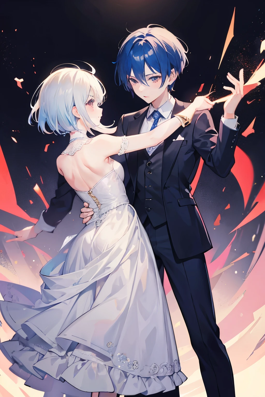 Couple, anime characters, anime boy with short hair and wearing a suit, dancing with anime girl with long hair and a dress