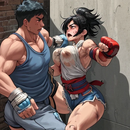 a male streetfighter is punching into female streetfighter's body so hard in the backstreet. a bloody beautiful young Japanese female fighter is being beated terribly by a male fighter. She is slammed on the wall by the male. Blood is dripping from her nose. She is covered in scars and bruises. she is damaged terribry. Short-cut black hair, out of breath, drooling from mouth, crying, exhausted, drenched in sweat. Erect nipples. open finger glove. bratop, denimshorts