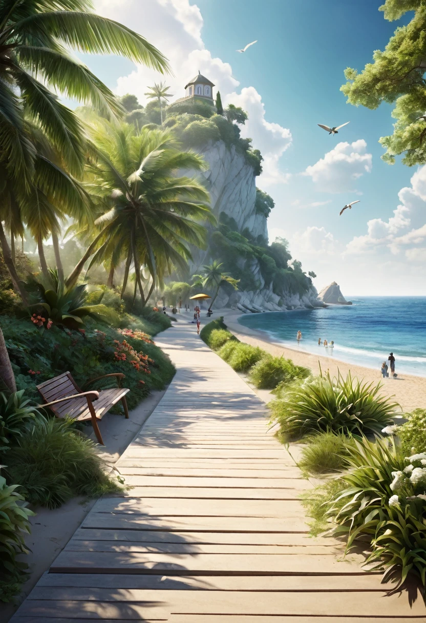 "Visualize an interpretation of a beach promenade. Integrate realistic colors and sharp angles, to convey a feeling of movement and tension. Play with perspective and layering, to create a multidimensional composition, which questions traditional notions of space and form. Be inspired and see nature in a fresh and innovative light.. Unleash your creativity, as you bring this imaginative scene to life on the screen.