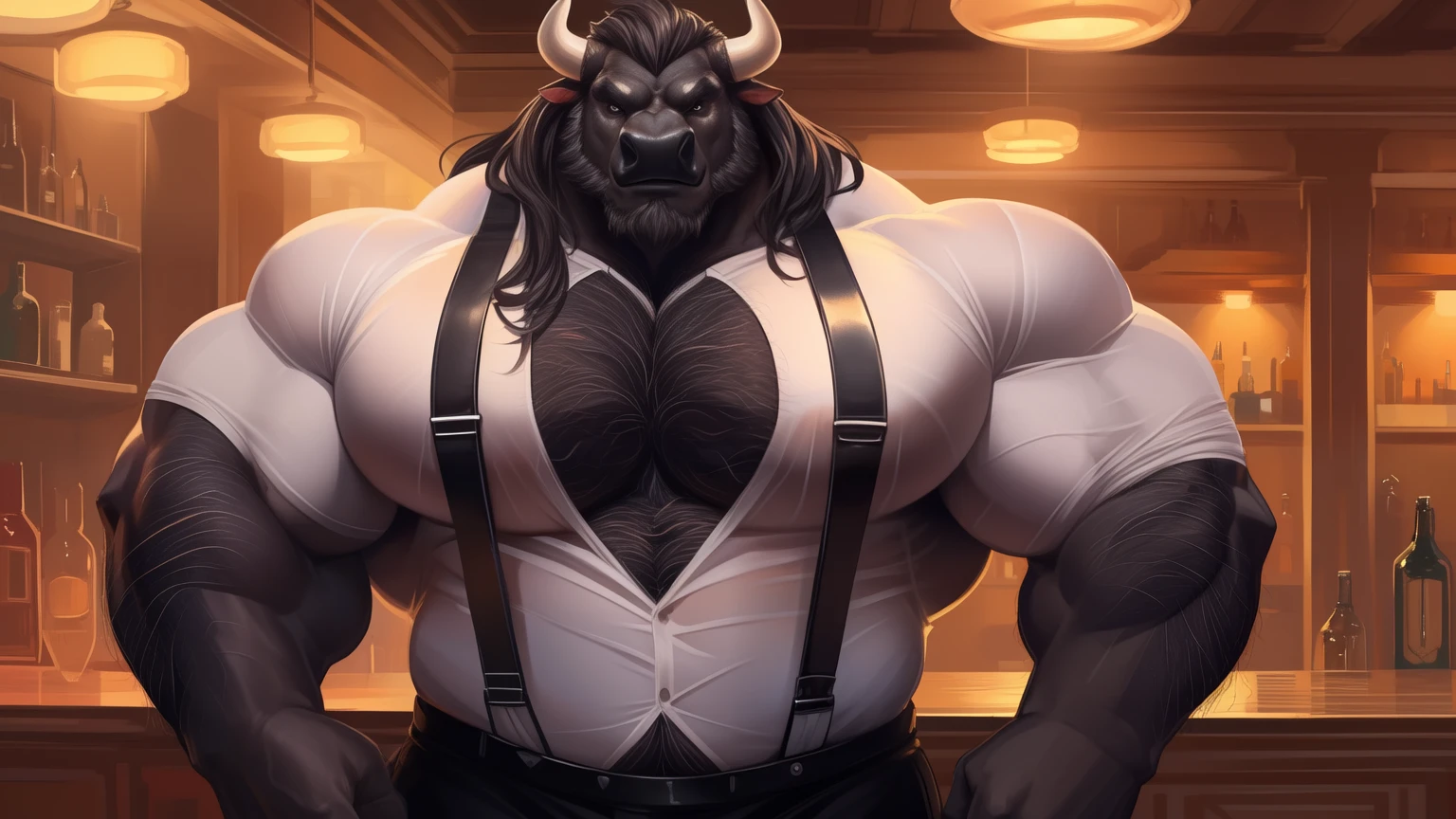 indong, lucusold, lanxus, a man with a muscle, (black skinned anthro bull:1.3), furry bull wearing ((super tight white silk shirt with leather suspenders:1.2)), ((white mid long hair, white beard):1.2), wide shoulders, bull horns, daddy, testosterone, bulge, bar, bartender, ((muscular, hefty pecs, beefy chest, extremly hairy torso,):1.3), confident, bearded , thicc, lowres, giant and muscular, danbooru and artstation, heavy detailed, insanely inflated hips, large hips, proportionally arms, veiny arms, commission for high res, detailed but rough, semirealistic:1.3