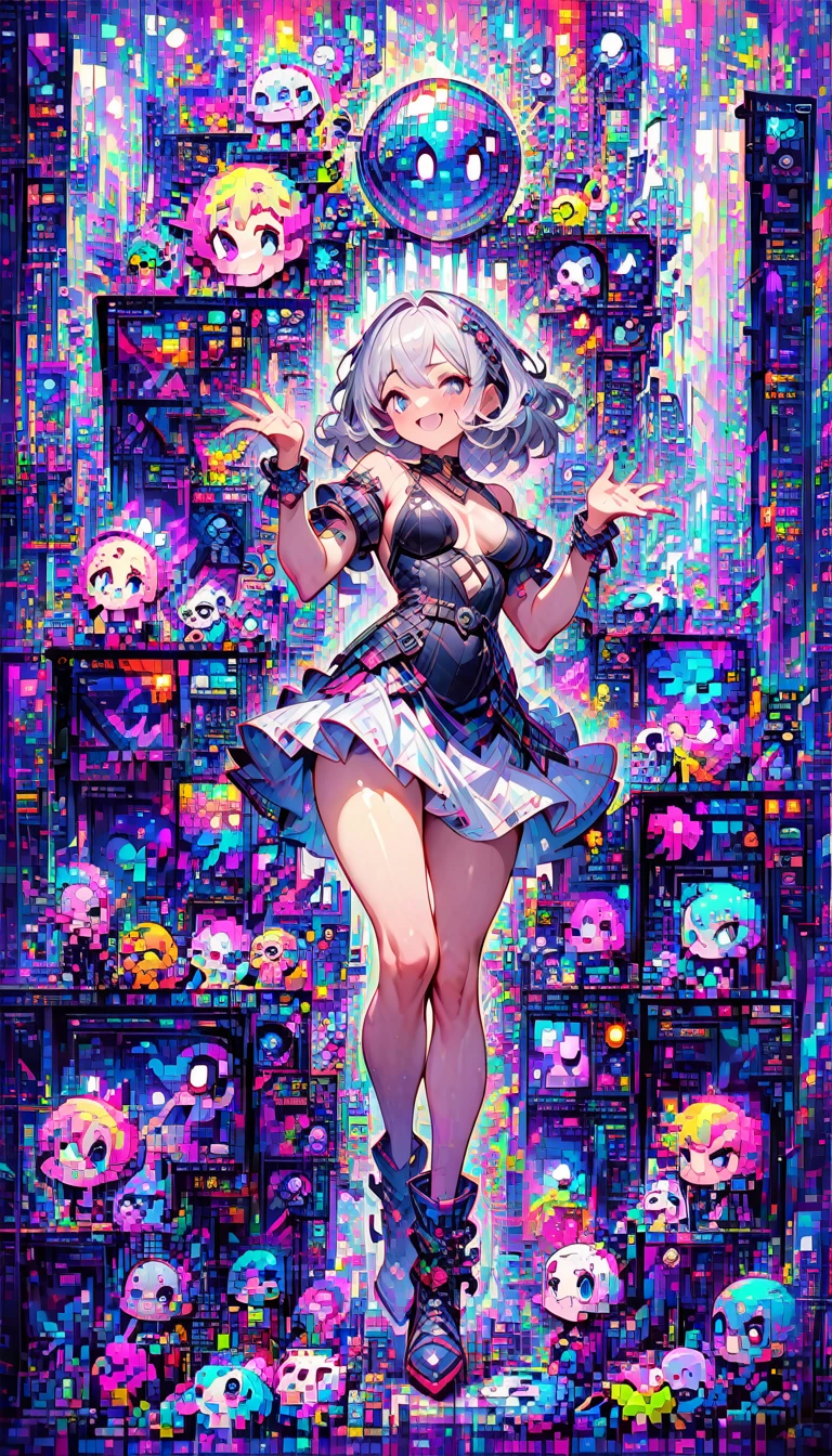 ((best quality)) , ((masterpiece)) , (detailed),A full body illustration of an American female character in the style of Hearthstone card art, dancing on a disco dancefloor with a big glittering mirror ball overhead. She wears purple and gold and has white hair. Her hands are up as if to talk to someone, with a happy expression. It is a low angle shot with a wide lens. The background is colorful with vibrant colors and high contrast