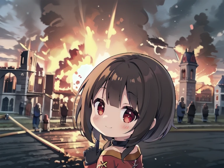 ((masterpiece)), (best quality, highres), 1girl, red eyes,short hair,brown hair,choker,short hair with long locks,sidelocks,red dress,black gloves, from behind, looking at viewer, explosion, IncrsDisasterGirlMeme, fire, smile, outdoors, Megumin, (chibi style), castle, (medieval theme)