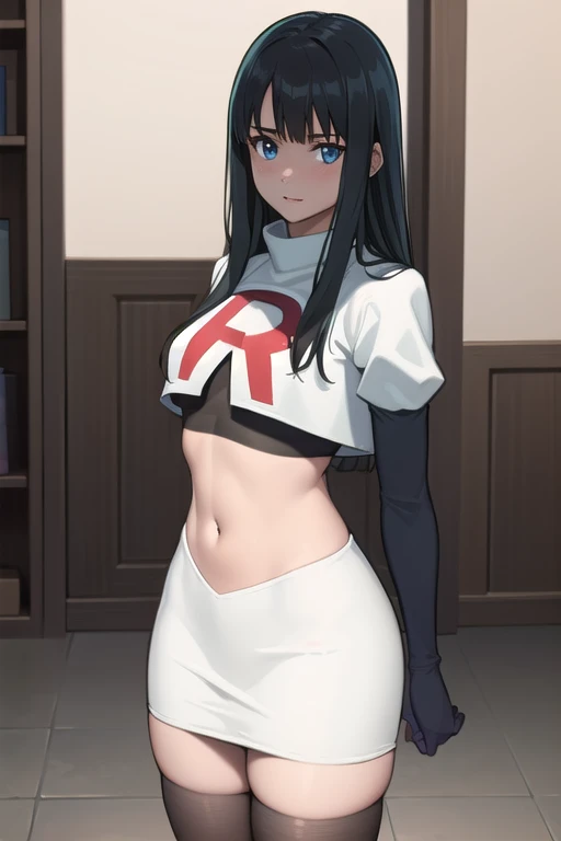 photorealistic, (4k), depth of field, (Masterpiece), (realistic skin texture), extremely detailed, intricate, hyper detailed, professional photography, bokeh, high resolution, sharp detail, best quality, girl, long hair, black hair, bangs, blue eyes, , team rocket,team rocket uniform,white skirt,red letter R,crop top,black thigh-highs,black elbow gloves