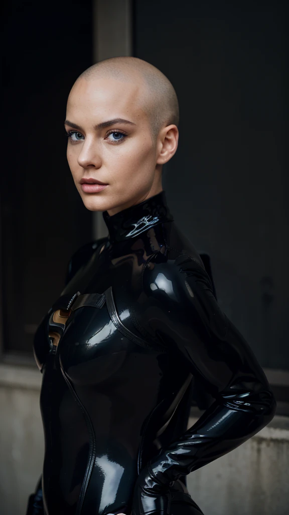a photo of Esmée,right side profile,as black latex superhero,wearing a black latex suit,blue eyes,close up face portrait,having no hair,no lipstick ,85 mm,wearing no sunglasses,looking damn smart