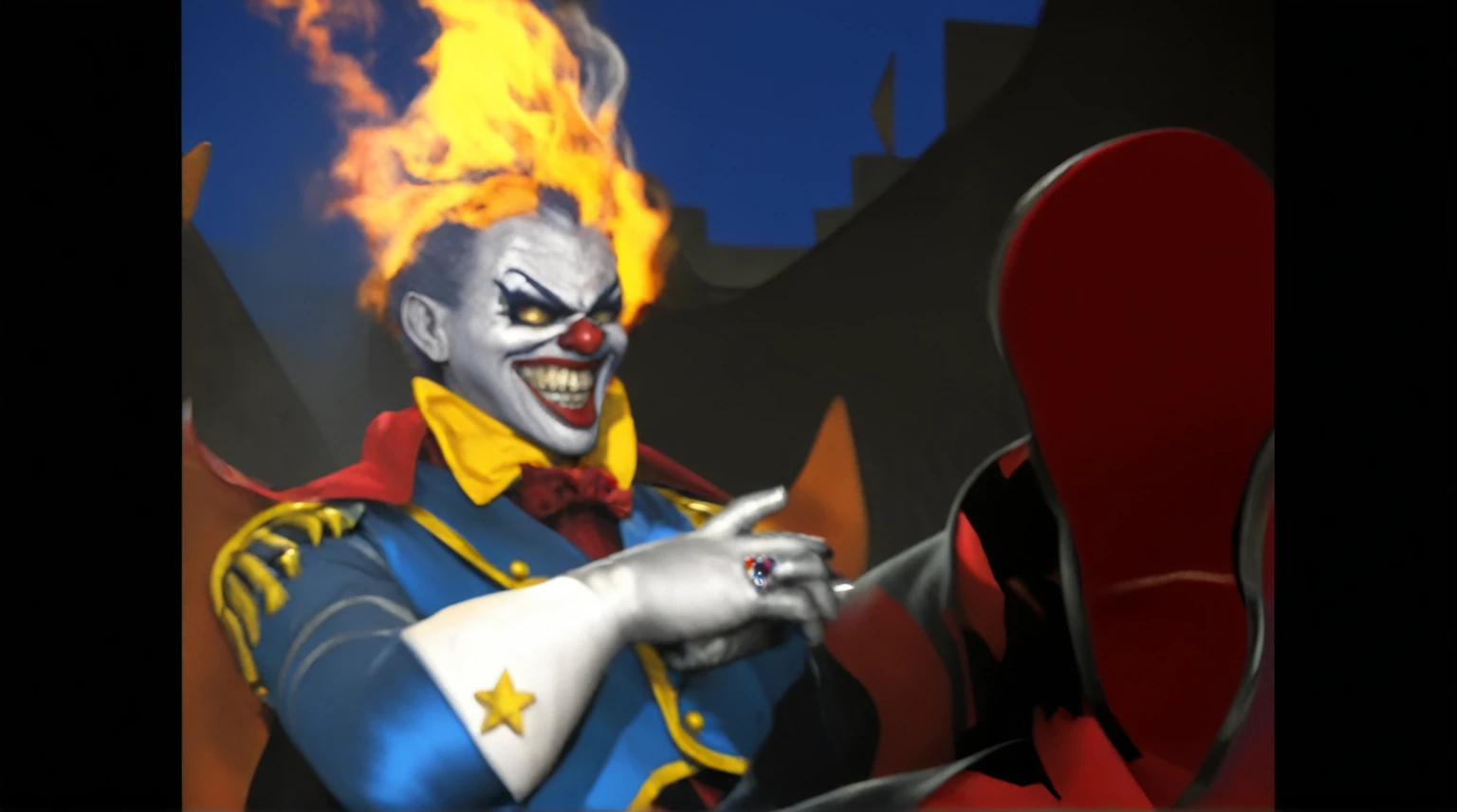 man in a blue and red costume with a yellow cape, twisted metal, CGI 16K UHD render, menacing, boss atmosphere, joyful smile, jester, fan art, marvelous expression, smug smirk, evil pose, very detailed, masterpiece, award winner, fire hair