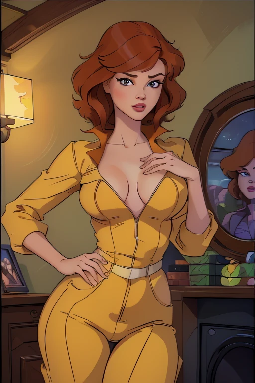 beautiful young woman, April O'Neil (beautiful detailed eyes), (beautiful detailed lips), (extremely detailed eye and face), (long eyelashes), red hair, (red lipgloss stick), (eyes browns), low-cut yellow jumpsuit, breasts big, turned body (Channel 6 News), (Classic TMNT cartoon from the 1980s), (best qualityer, 4K, 8k, A high resolution, work of art:1.2), ultra detaild, (realisitic, photorealisitic, photo-realisitic:1.37), (HDR), (ultra HD), (studio lighting), (very detailed description), (proffesional), (Ablaze colors), (hips), (portraits), (conceptual artists), (Ablaze, warm colours), (soft, diffuse lighting).erotism