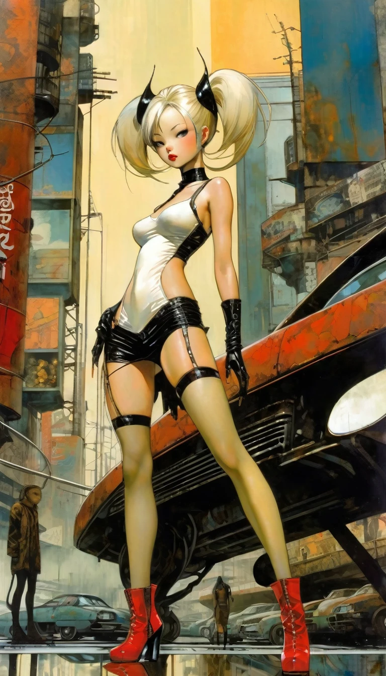 Future sexy asian blonde girl with twin-tails in a futuristic city.1.5, rusty metal city, lots of details, cars, buildings, billboards, nude NAKED TORSO, NUDE BREASTS and very tight tank top, red latex thigh high stocking extreme-highheel-wedge boots , standing pose, soft colors, flat 4d street art in the style of adrian ghenie, esao andrews, jenny saville , edward hopper, surrealism, james jean dark, takato yamamoto, inkpunk minimalism, , detailed eyes with circular iris, seamless geometric pattern harmony, luminogram, iron gall ink, art by Russ Mills, Sakimichan,, by GIlSam -paio octane rendering depicting innovation and truth, 8k, by Lee Jeffries, depth - Gs studio