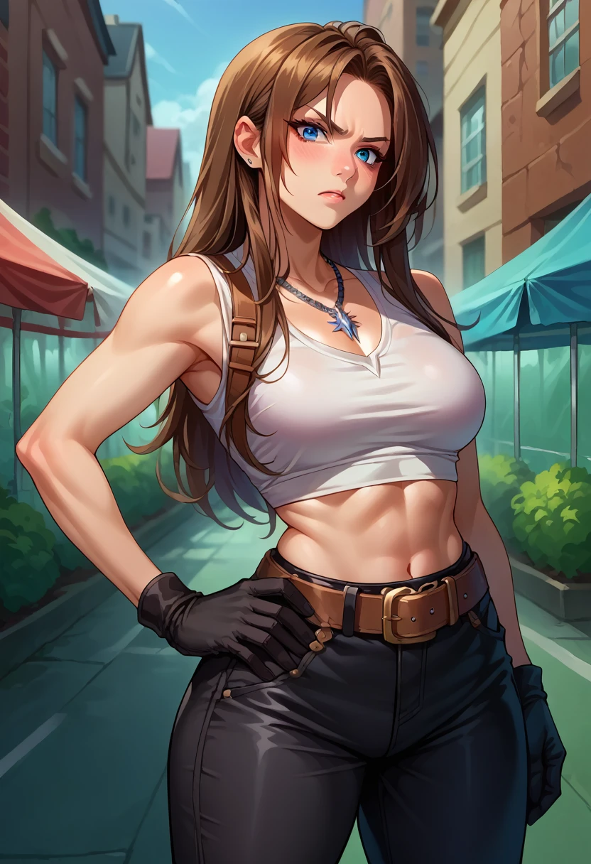 score_9, score_8_up, score_7_up, 1girl, solo, (female:1.5),female focus, female body, squall, necklace, brown hair, long hair, gloves, white crop top, blue eyes, shirt, black gloves,black pants, belt,breasts, scar, diagonal scar, scar on face, parted bangs, hand on hip, angry, blushing,standing, facilities