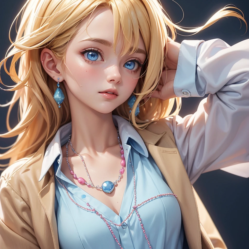 Close-up, blonde-haired woman with blue eyes, a small pink and light blue beaded necklace, Without earrings, dressed in a white shirt and a brown jacket 
