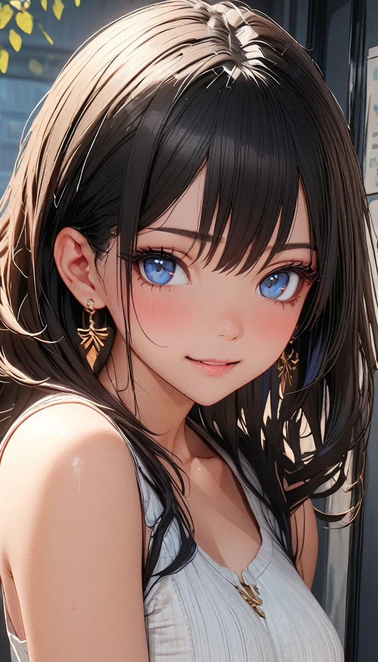 (Highest quality、masterpiece、High resolution、detailed), (Realistic skin texture:1.3), (detailedな目、Beautiful Face), 1 female, Black Hair, Blue Eyes, Delicate face, cute, Love Earrings, White Dress, Standing at the entrance to the police station, Playful, Ultra HD, masterpiece, Highest quality, Super Detail, Accurate, 3D Anime Real,, rtrophto1